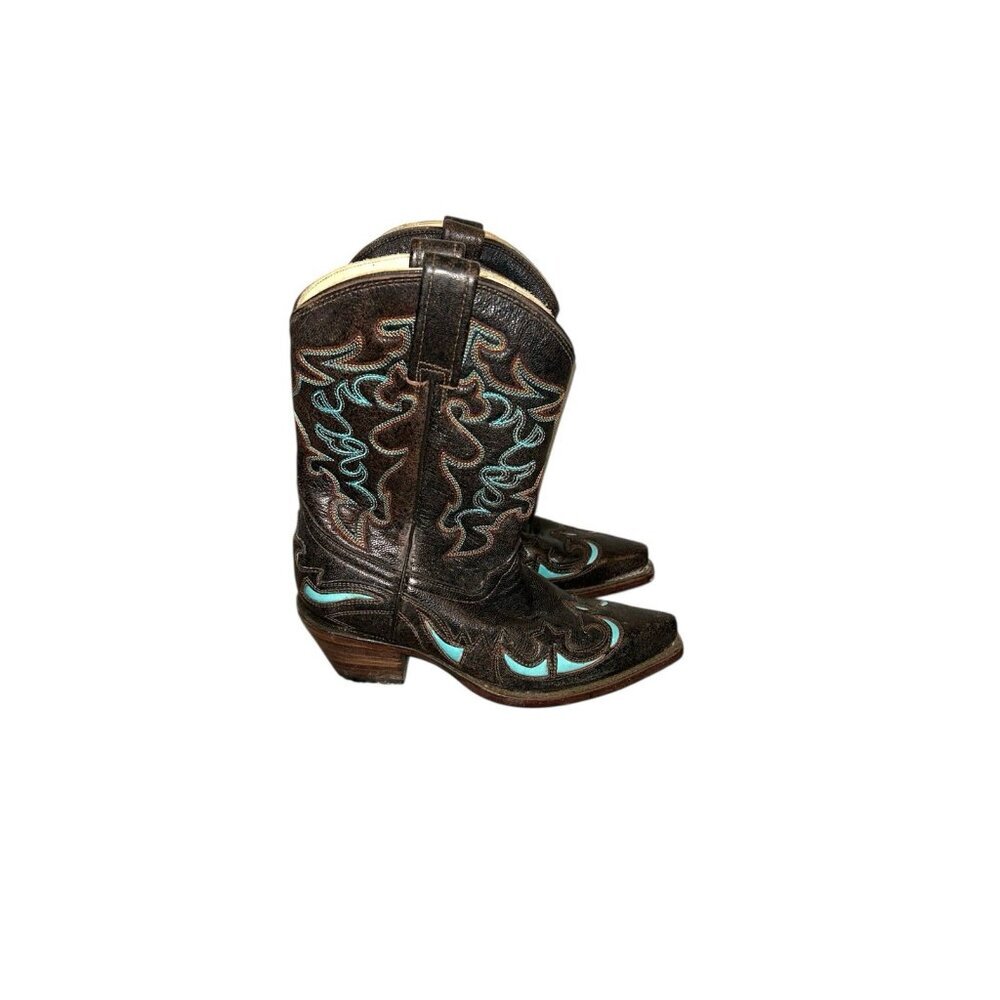 Corral Brown and Turquoise Embroidered Western Inlay Snip Toe Boots Size 6 M